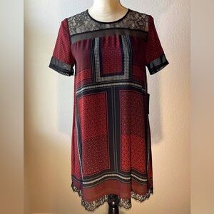 Large Express Black/Red Geometric Pattern Lacey Short Sleeve Dress